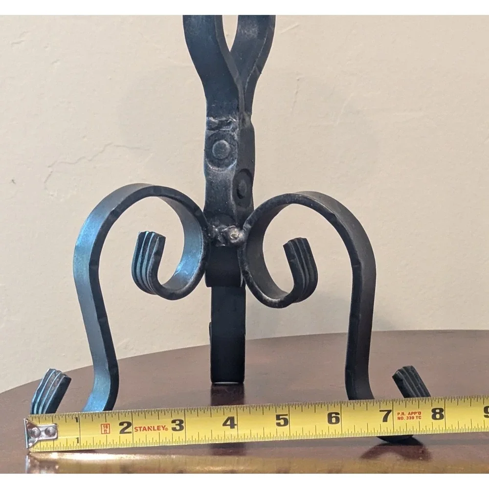 VTG Hand-Forged Black Iron Candle Holder Substantial Weight Scroll Design 13